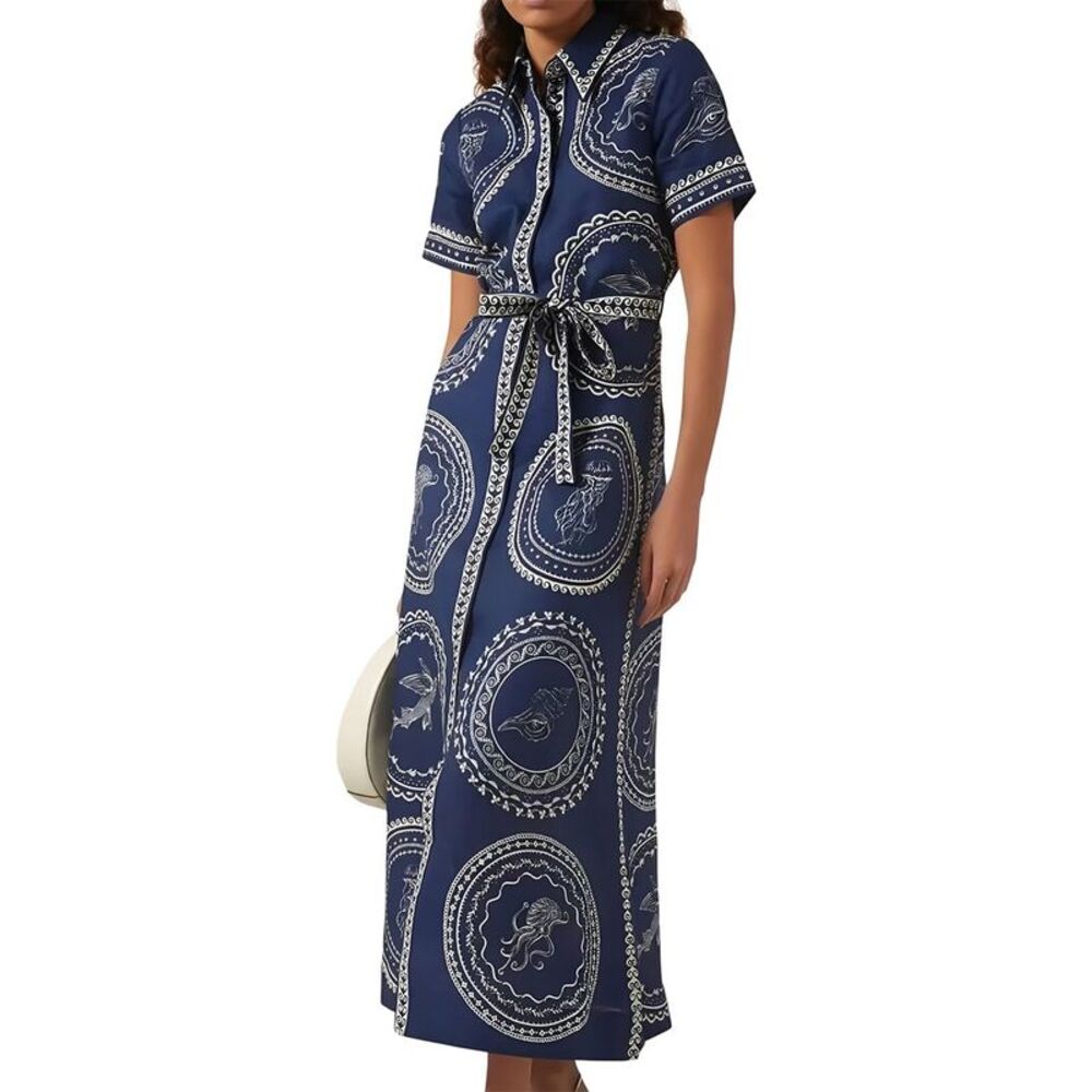 Navy Printed Short-Sleeve Midi Shirt Dress with Tie Waist
